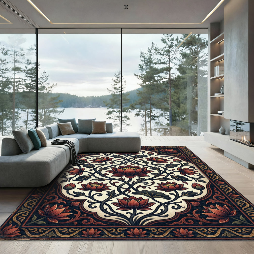 Ornate Deep Red Lotus Floral Scroll Rug