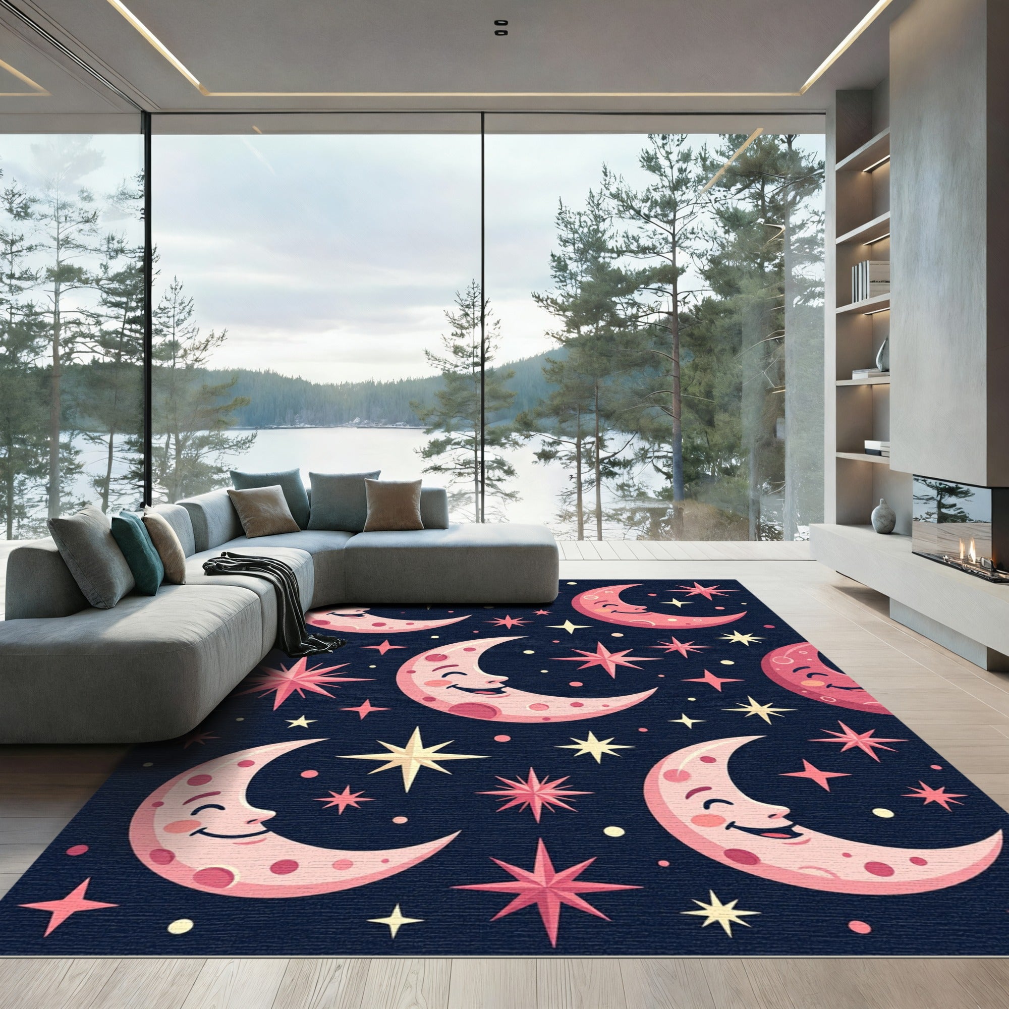 Pink Moon Stars Night Sky Rug