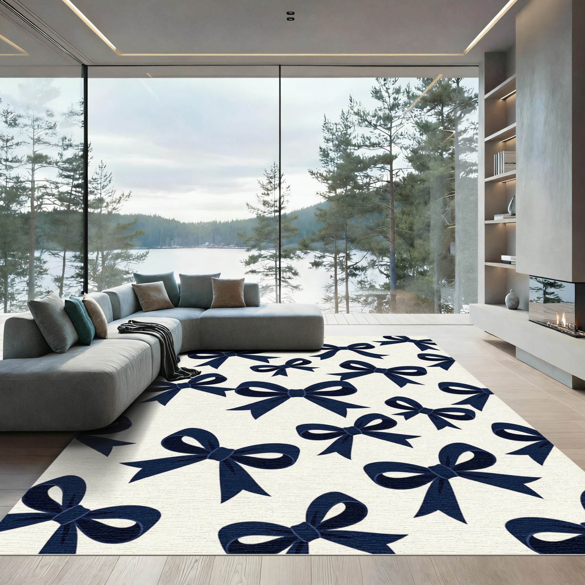 Elegant Dark Navy Bow Ribbon Composition Rug