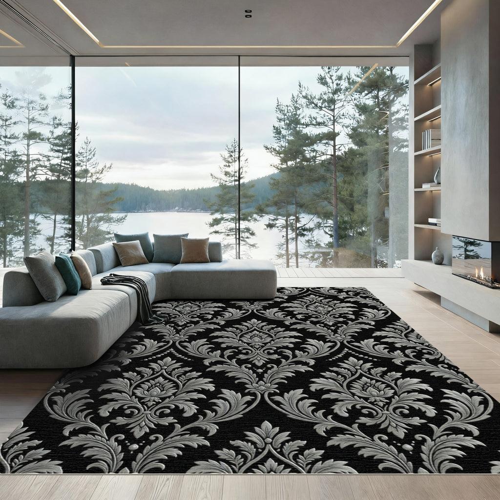 Classic Gray Black Damask Flourish Rug