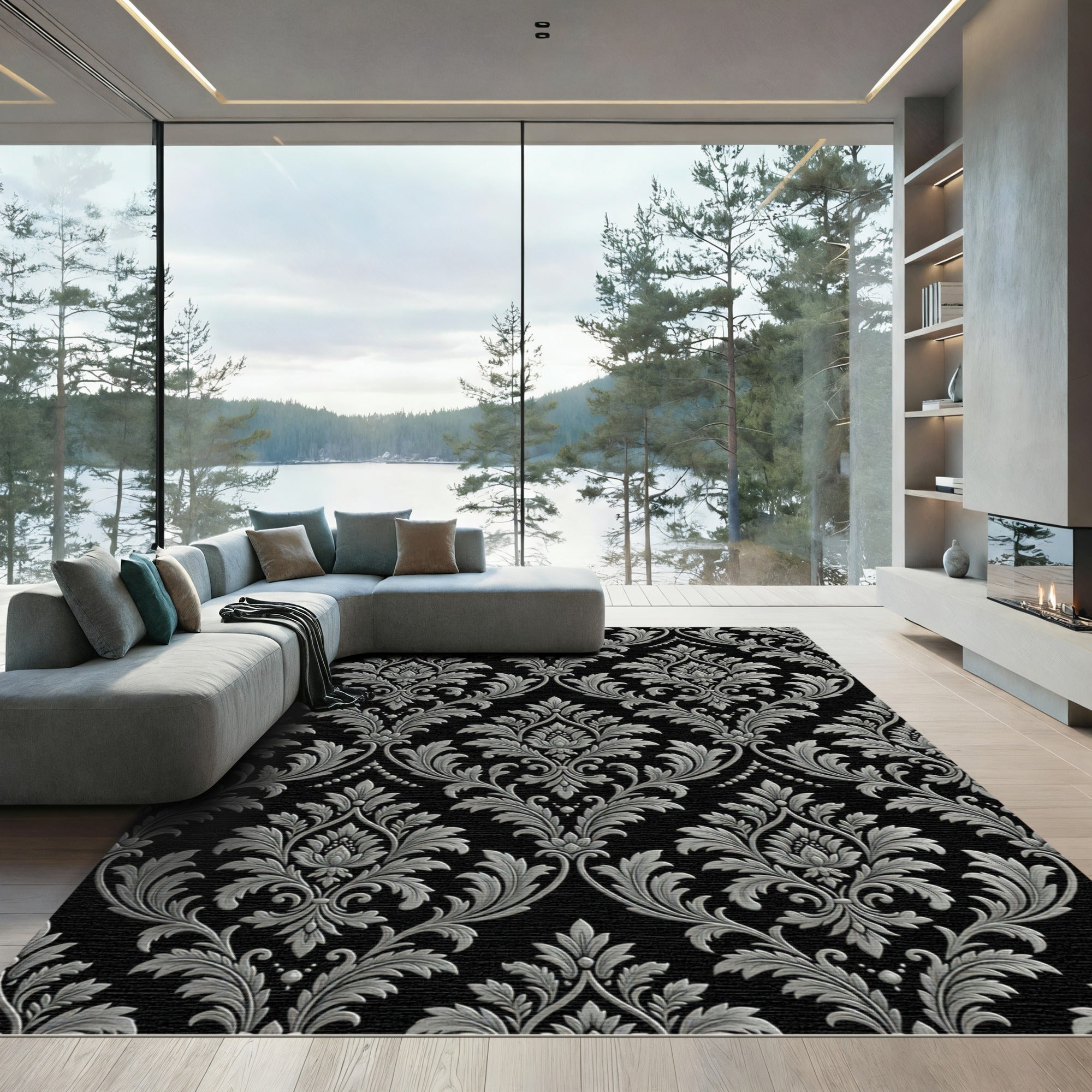 Classic Gray Black Damask Flourish Rug