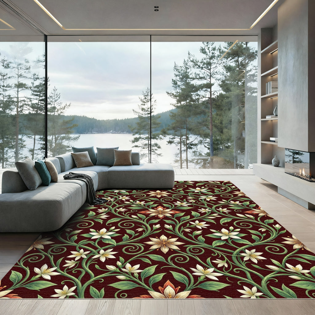 Elegant Burgundy Floral Vine Botanical Rug
