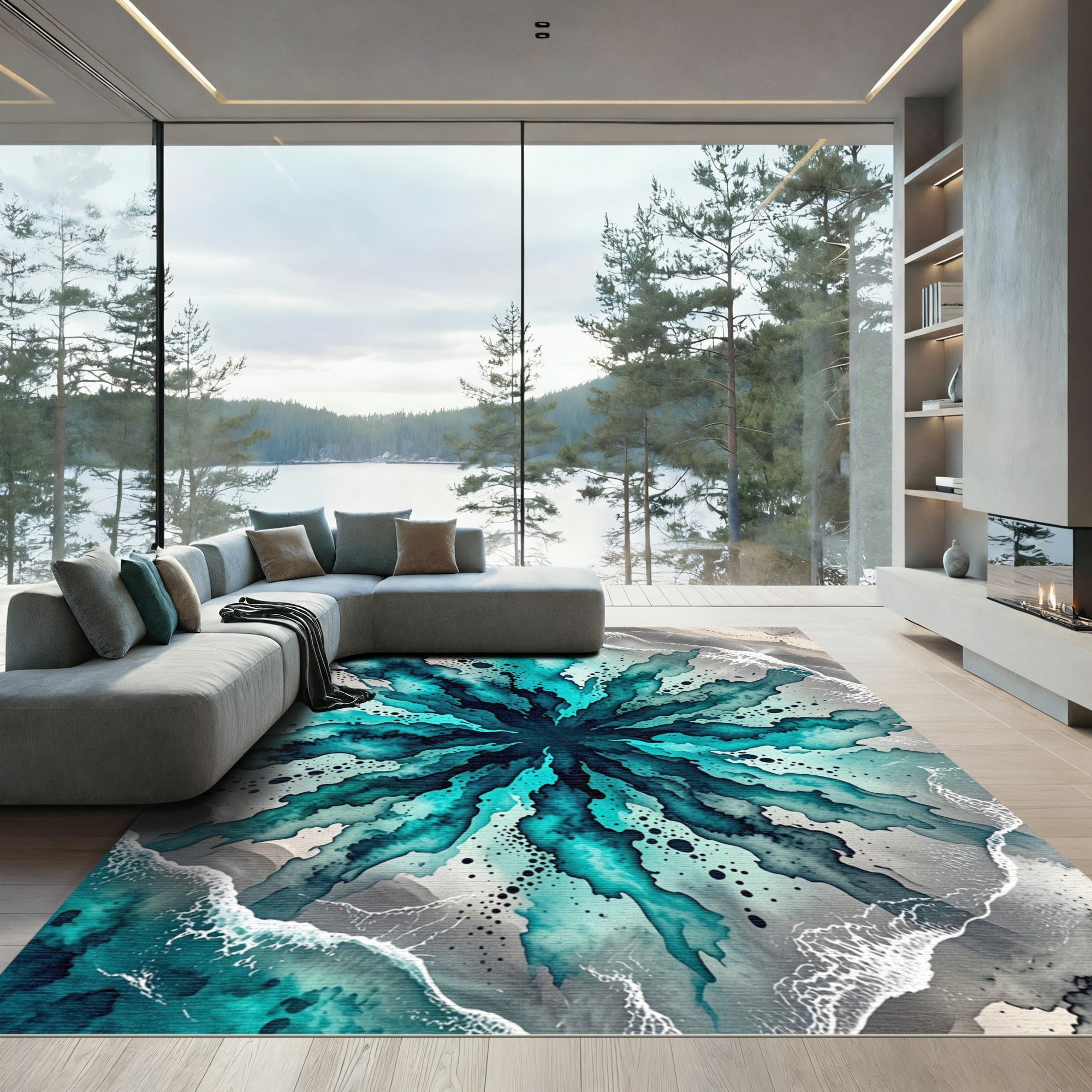 Teal Abstract Oceanic Swirl Burst Rug