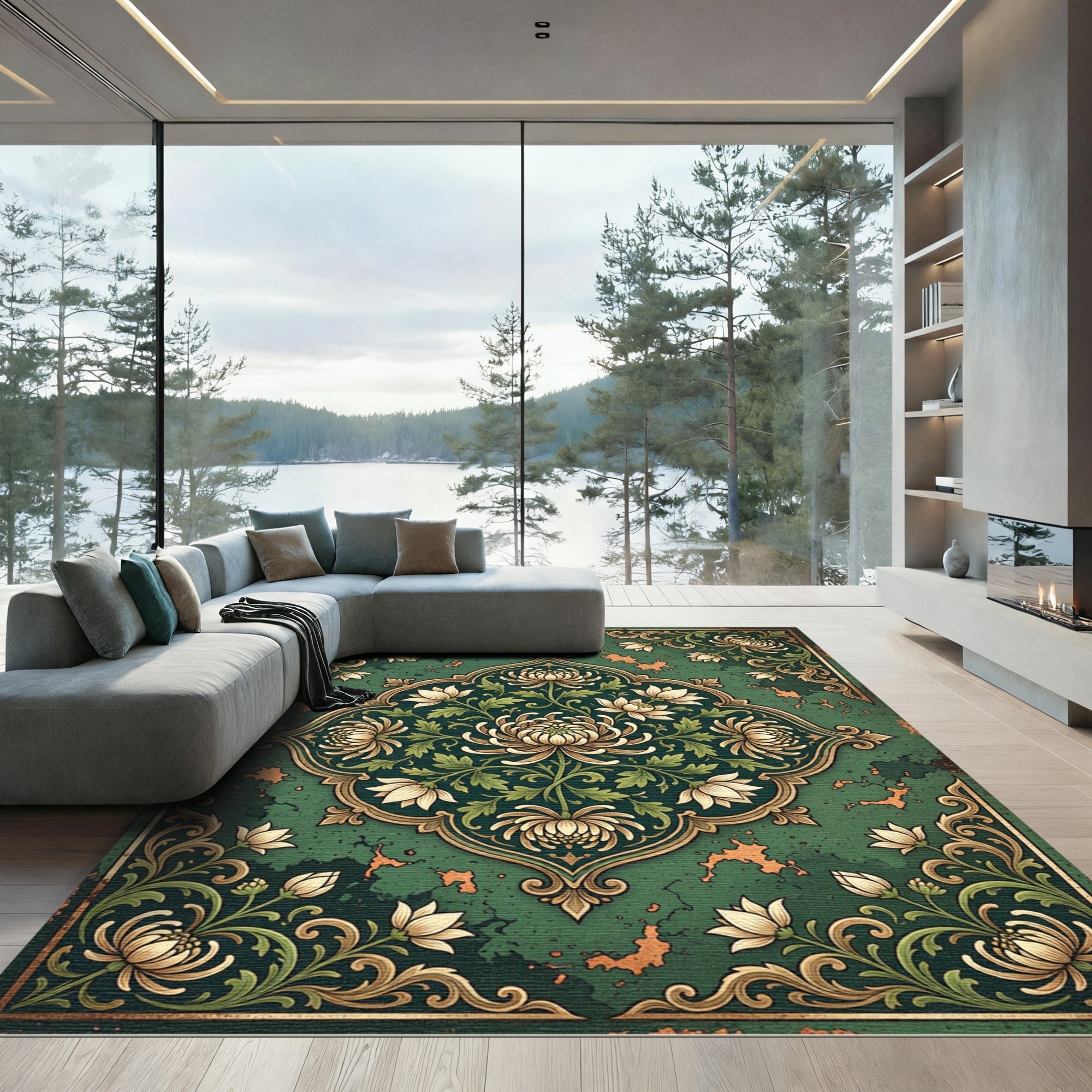 Ornate Floral Bloom Emerald Area Rug