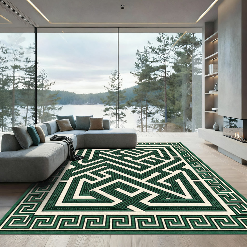 Green Maze Greek Key Border Rug