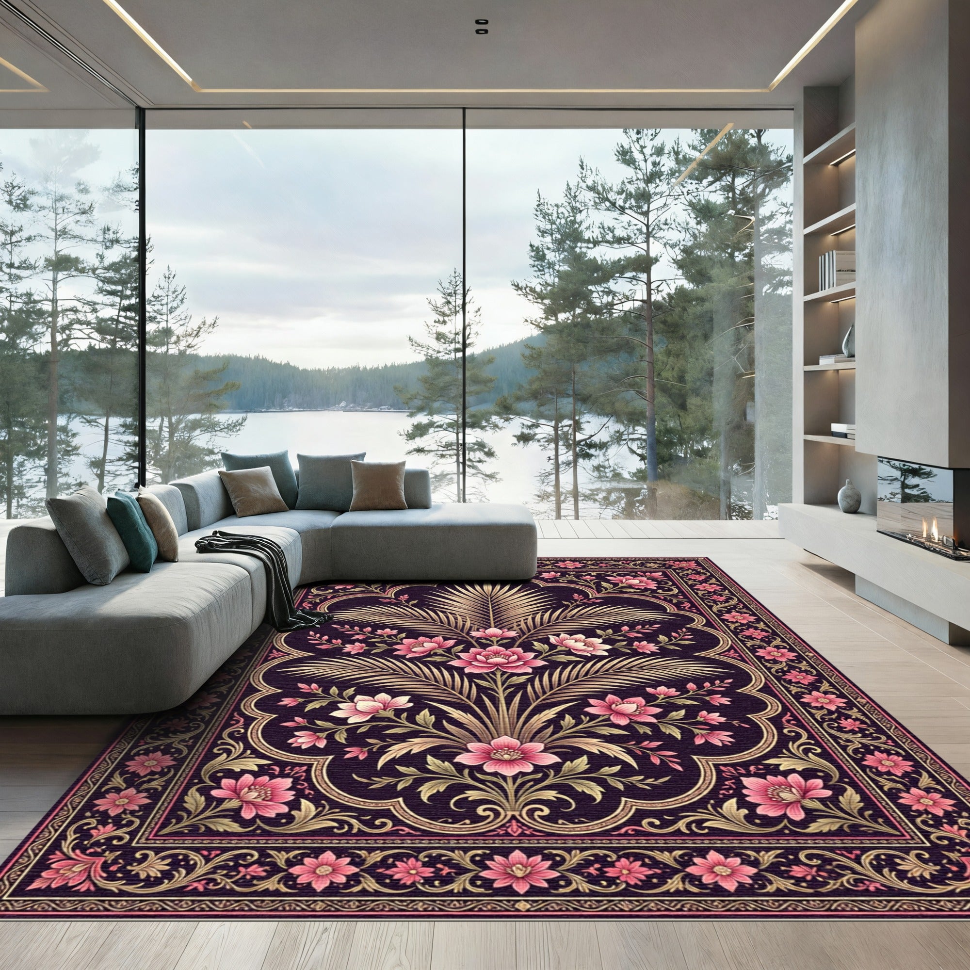 Dark Floral Archway Golden Foliage Rug