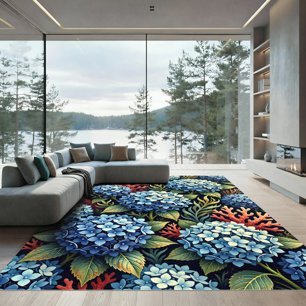 Blue Hydrangea and Coral Botanical Garden Rug
