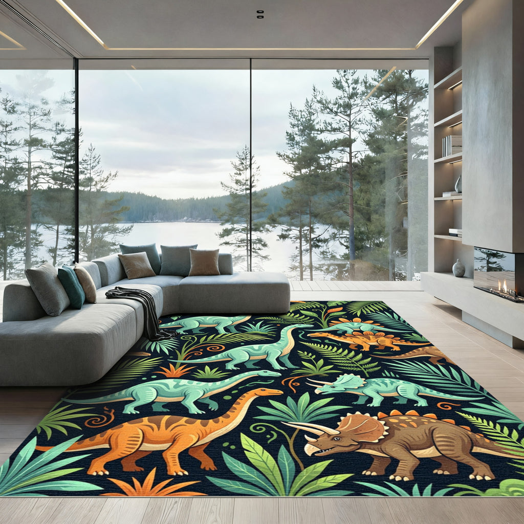 Vibrant Prehistoric Dinosaur Lush Jungle Foliage Rug
