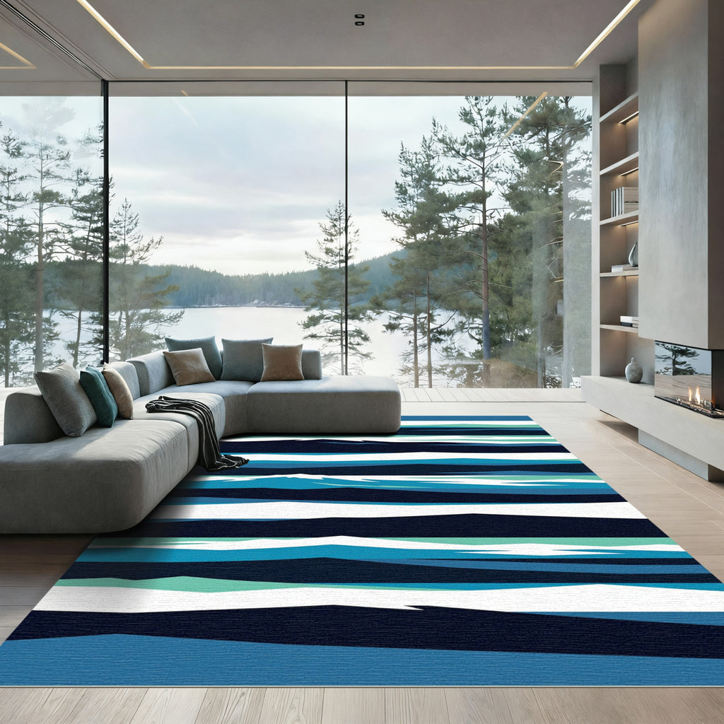 Abstract Navy and Teal Layered Wave Rug