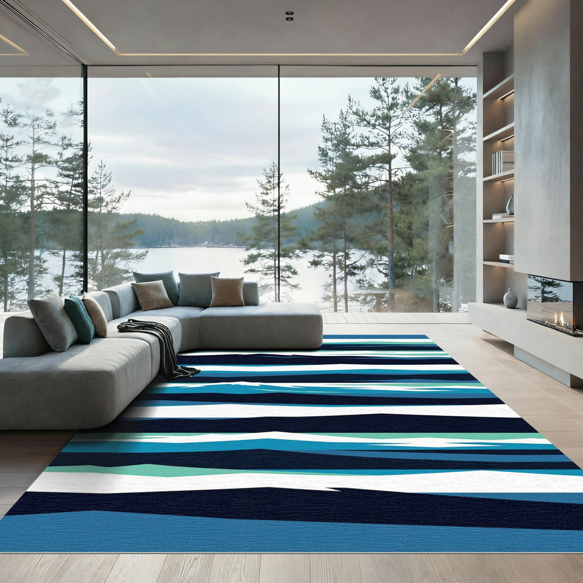 Abstract Navy and Teal Layered Wave Rug