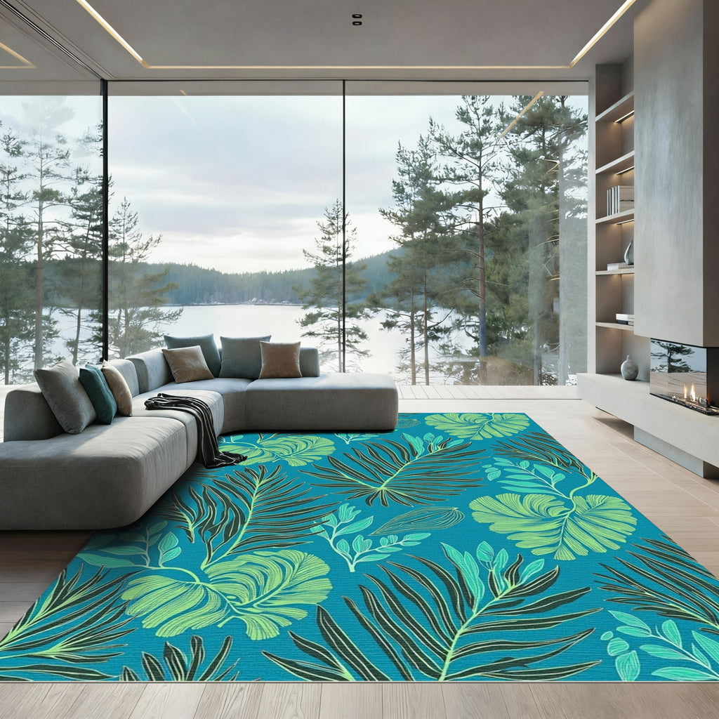 Teal Tropical Leafy Botanical Garden Rug