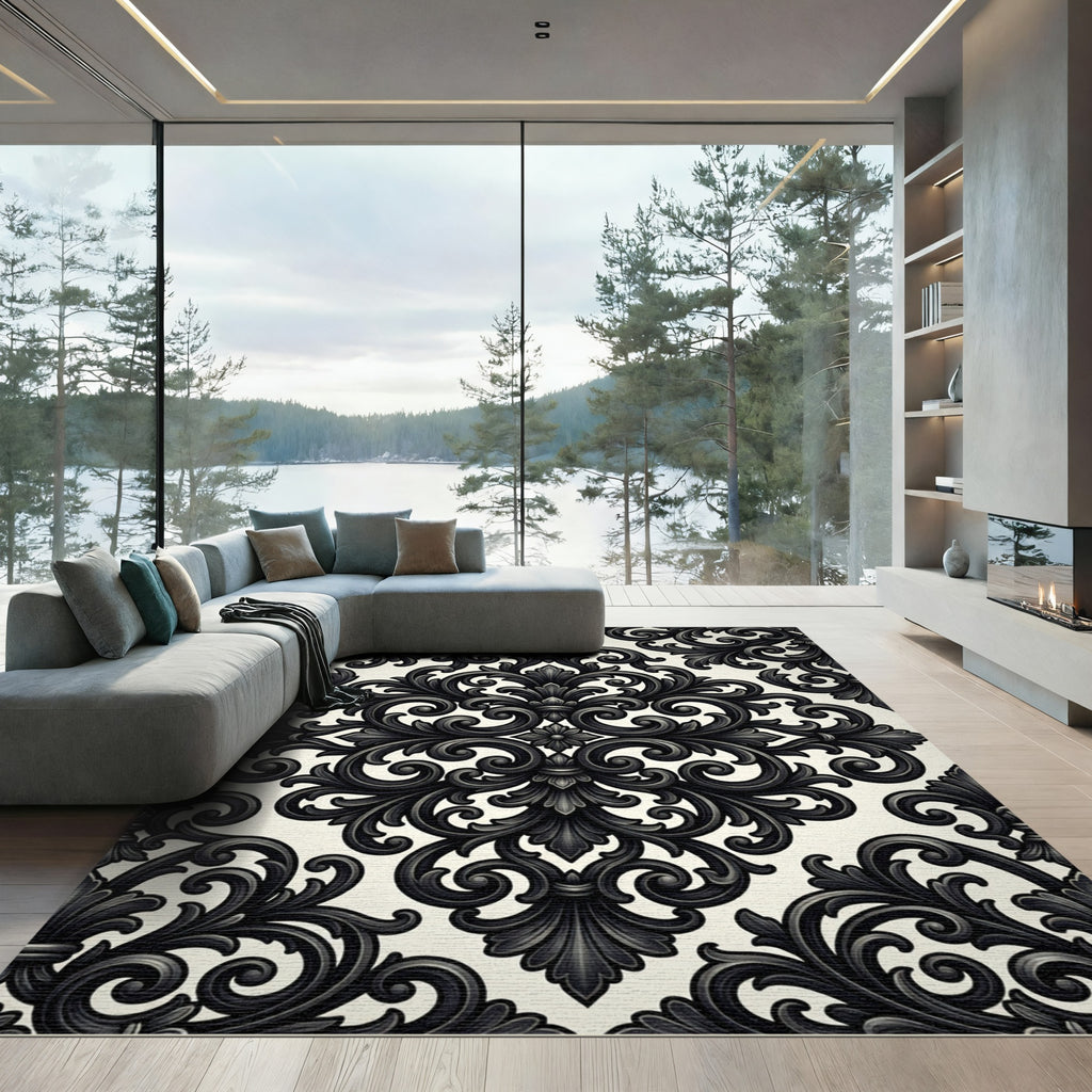Black Ivory Baroque Scroll Rug