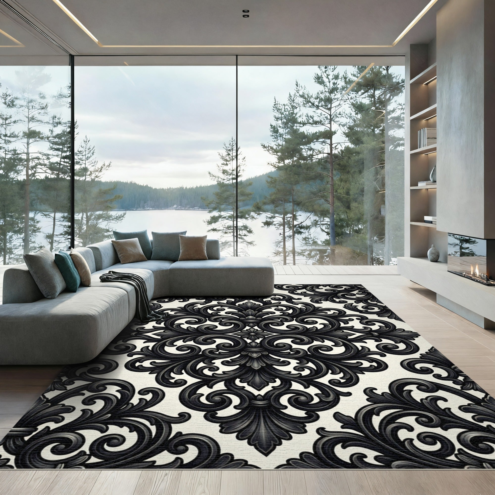 Black Ivory Baroque Scroll Rug