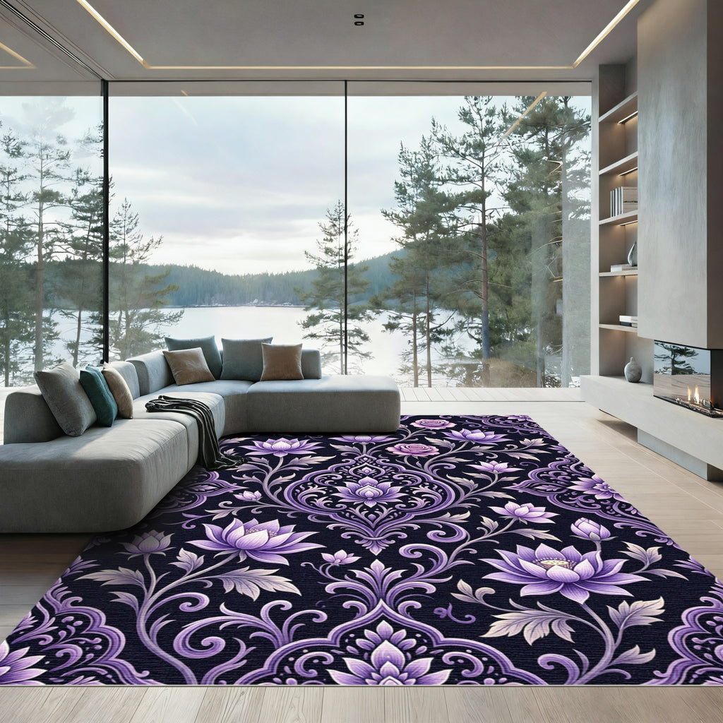 Elegant Purple Rose Lotus Damask Rug