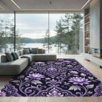 Elegant Purple Rose Lotus Damask Rug