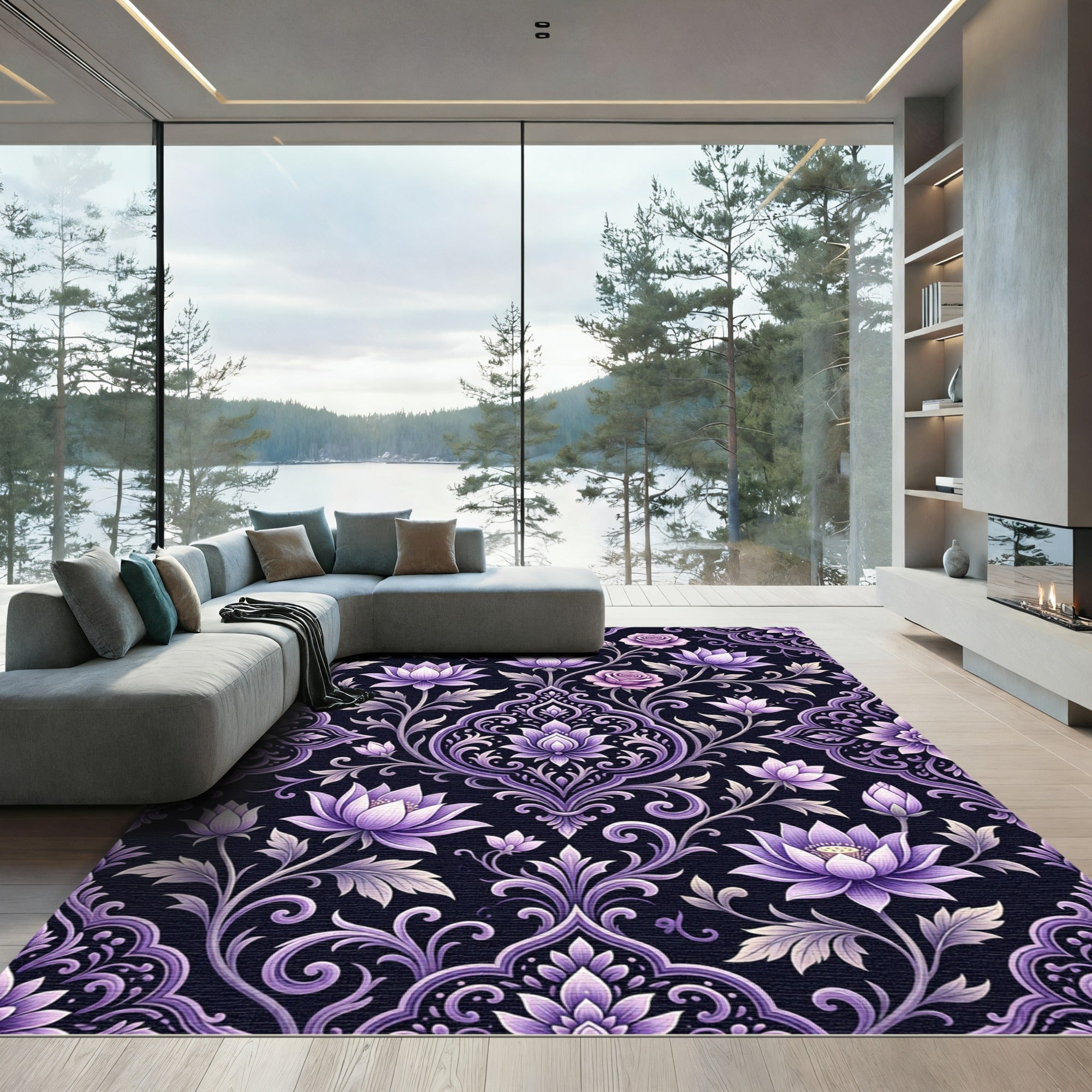 Elegant Purple Rose Lotus Damask Rug