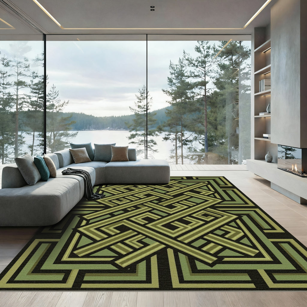 Olive Geometric Interlocking Labyrinth Art Rug