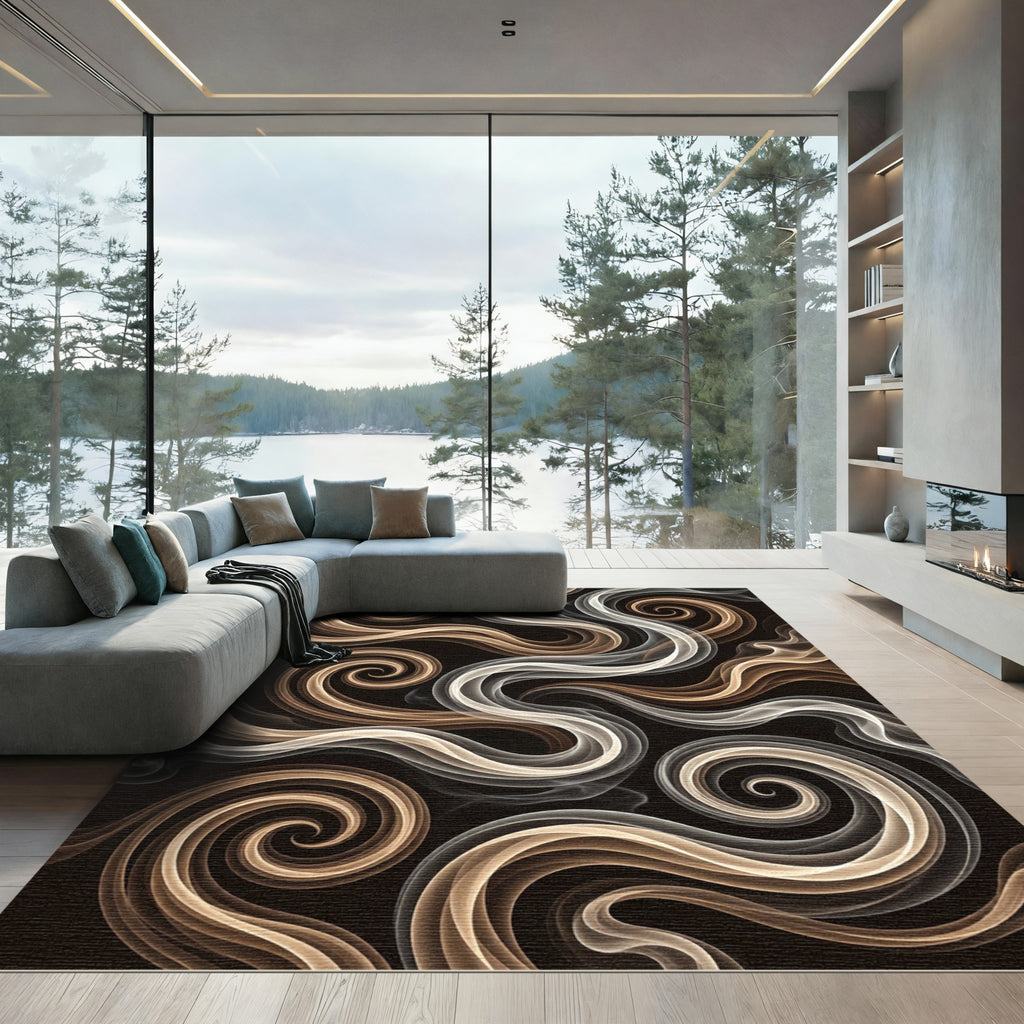 Brown White Swirling Smoke Tendrils Rug