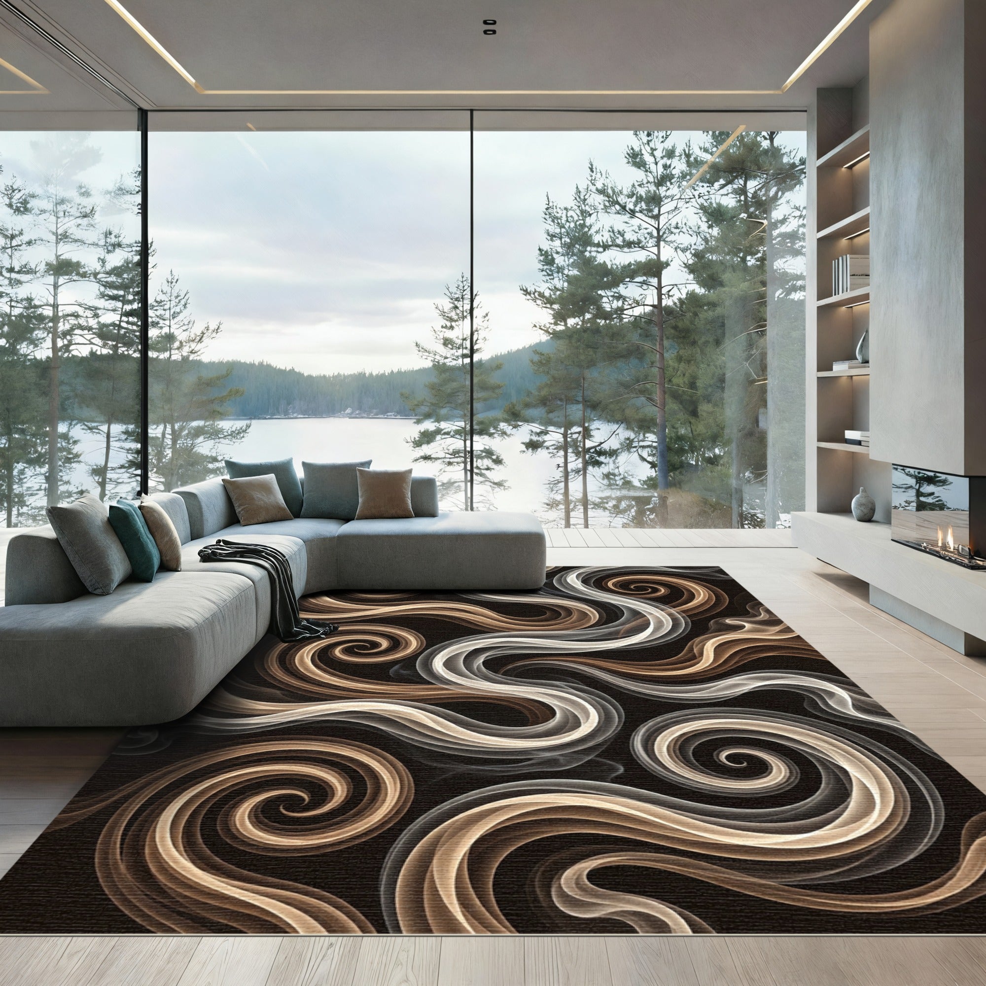 Brown White Swirling Smoke Tendrils Rug