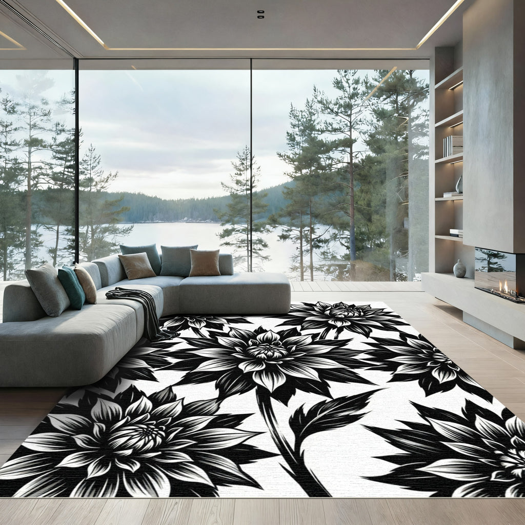 Bold Black and White Dahlia Floral Rug