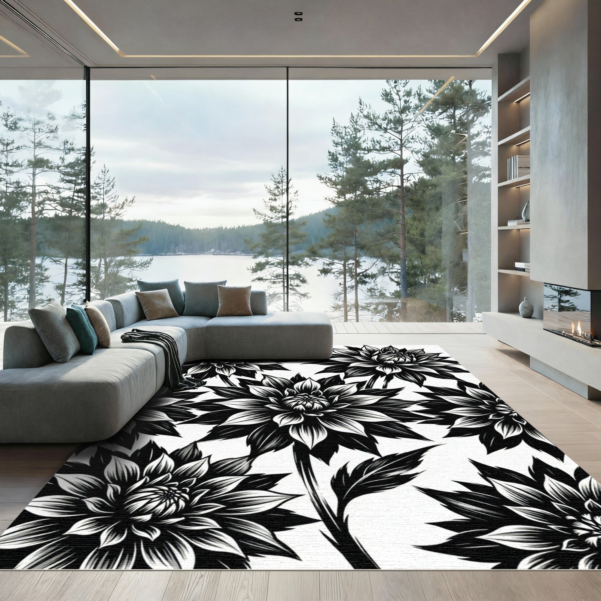 Bold Black and White Dahlia Floral Rug