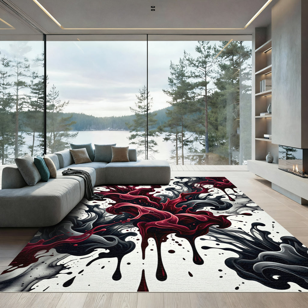 Dark Crimson Ink Swirl Abstract Art Rug