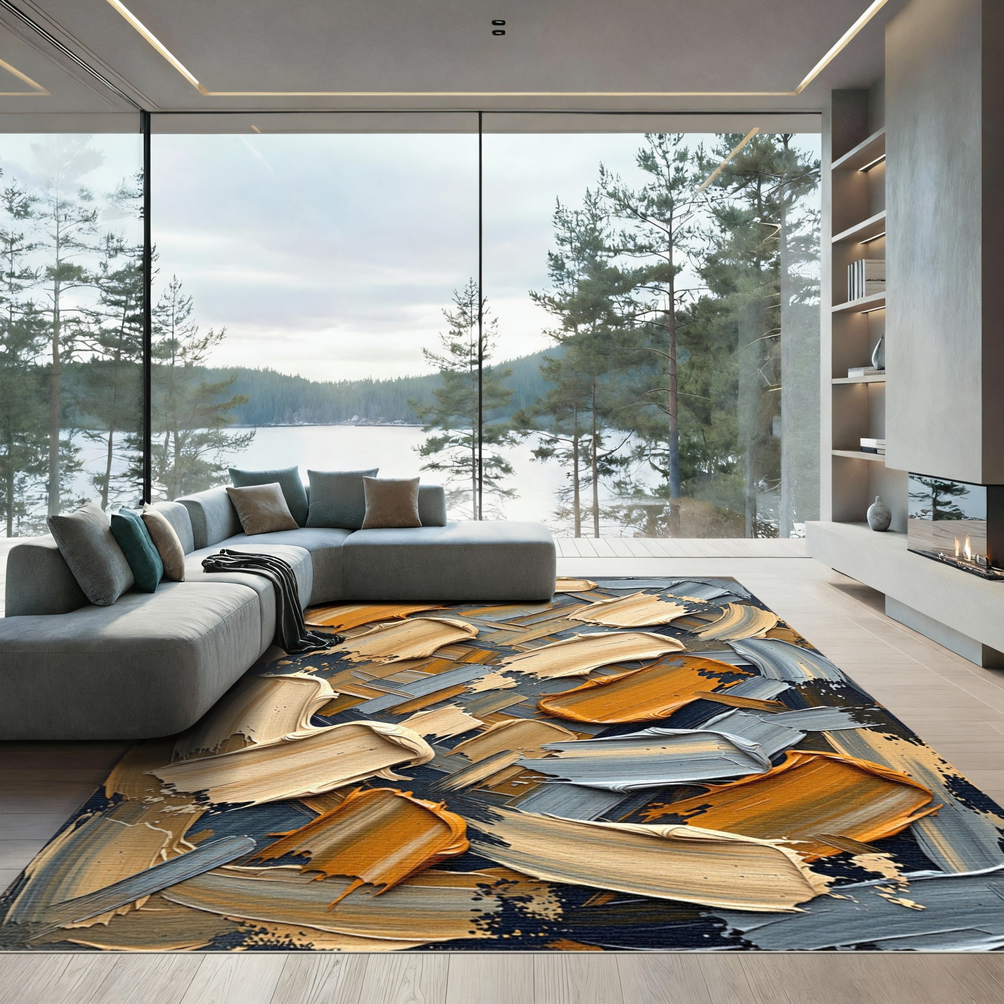 Textured Ochre and Beige Brush Strokes Rug