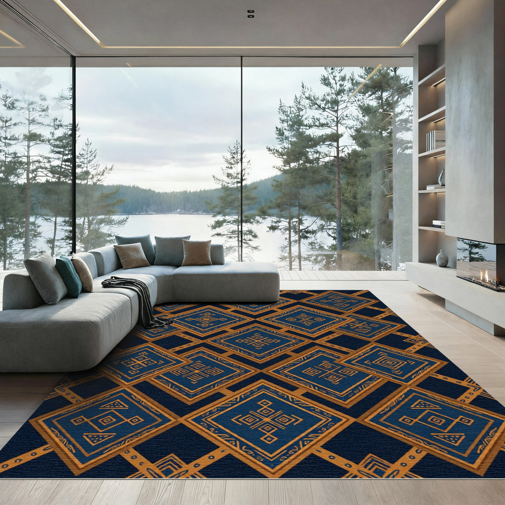 Midnight Blue Golden Geometric Diamond Rug
