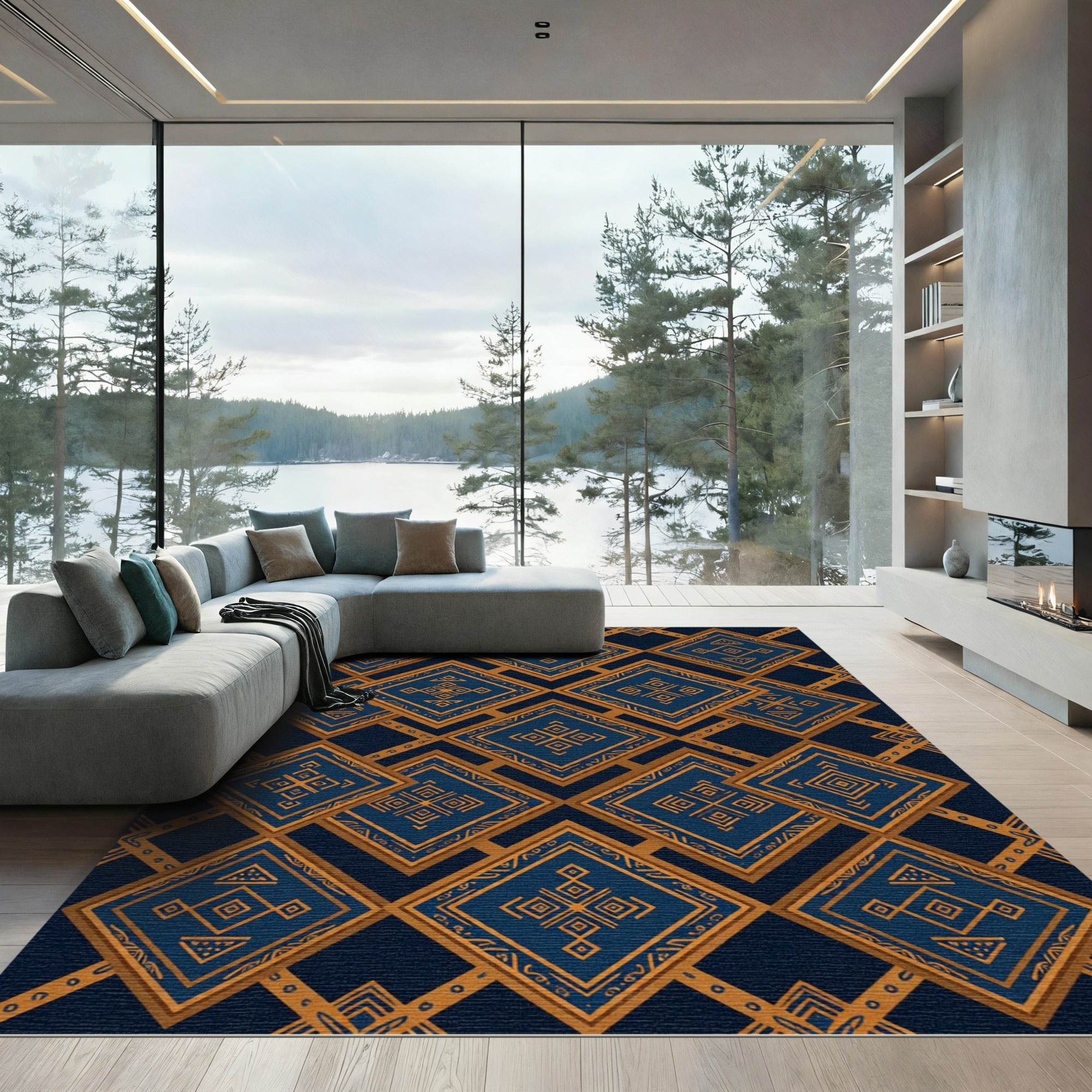 Midnight Blue Golden Geometric Diamond Rug