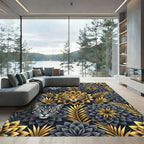Golden Leopard Black Floral Foliage Rug