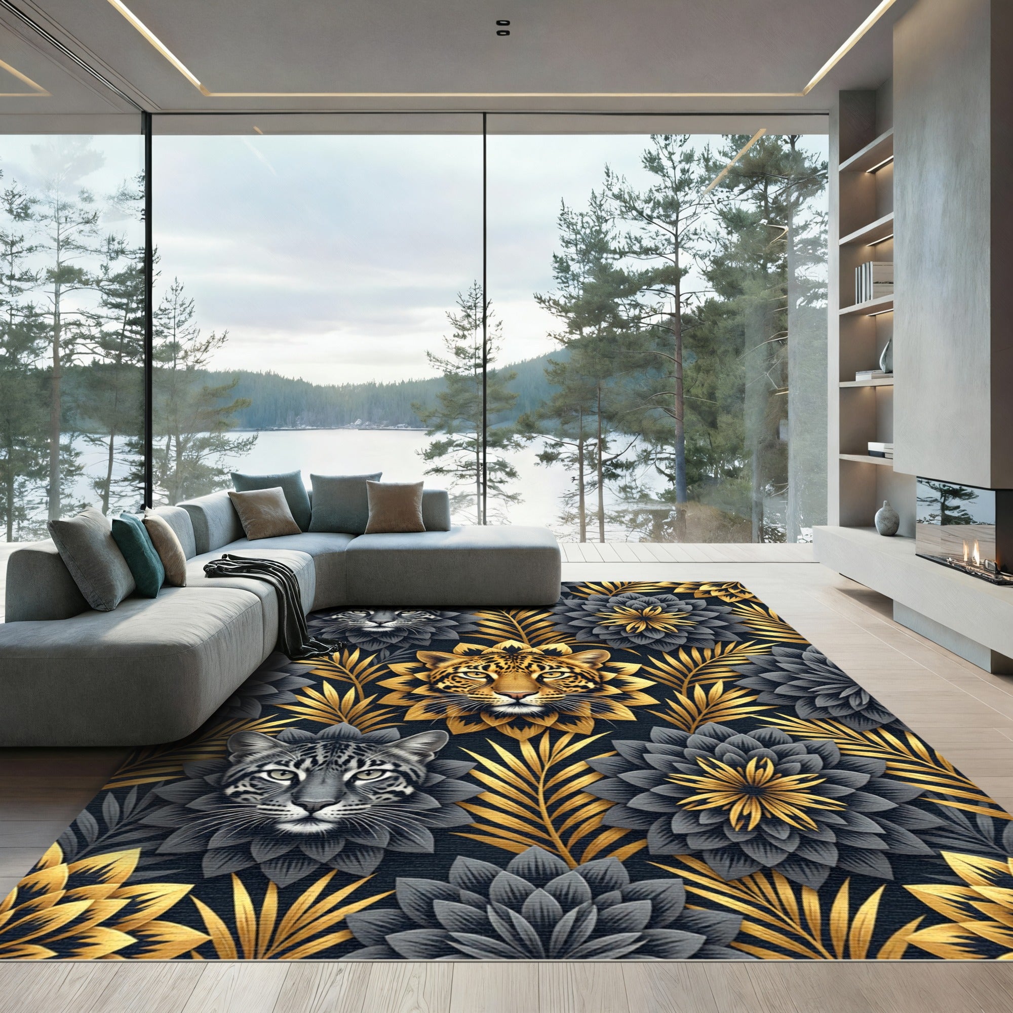 Golden Leopard Black Floral Foliage Rug