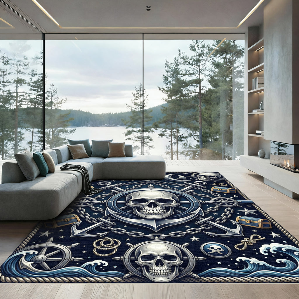 Gothic Nautical Skull Anchor Navy Rug