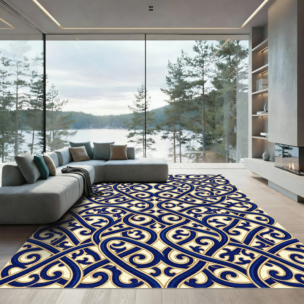 Intricate Royal Blue Ornate Scrolling Swirls Rug
