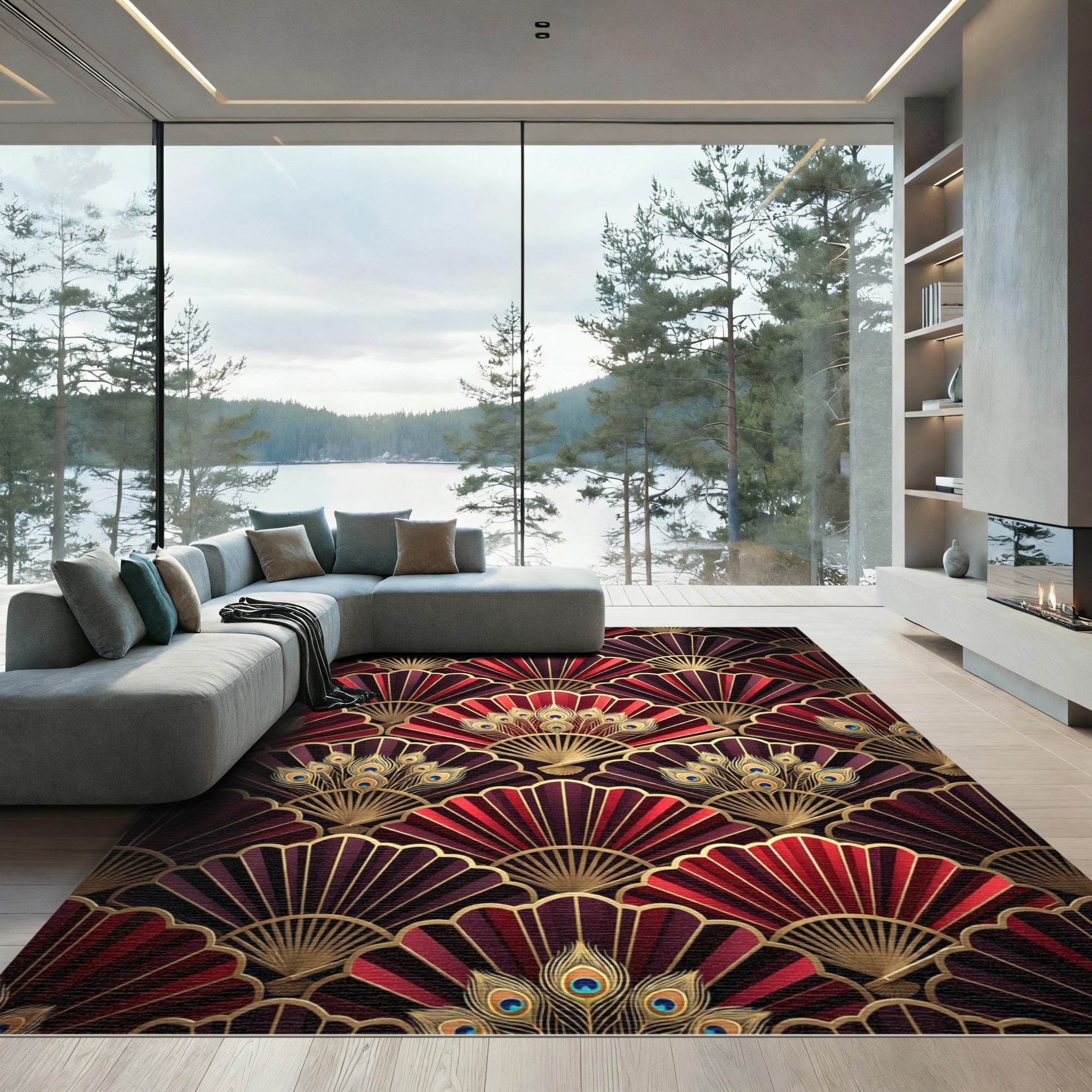 Crimson Gold Peacock Fan Art Deco Rug