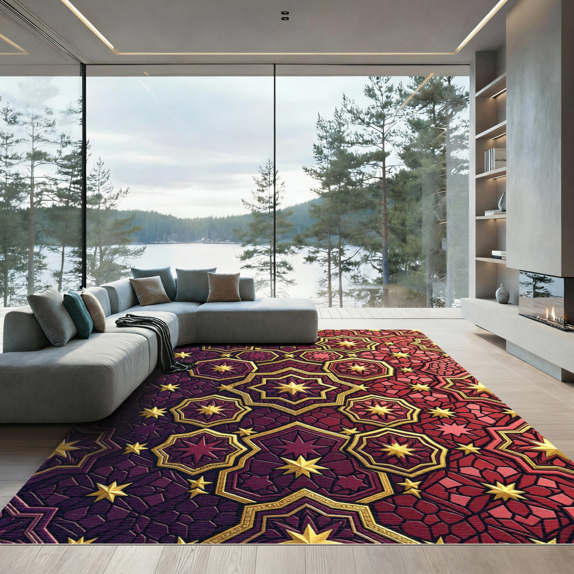 Rich Red Golden Geometric Stars Rug