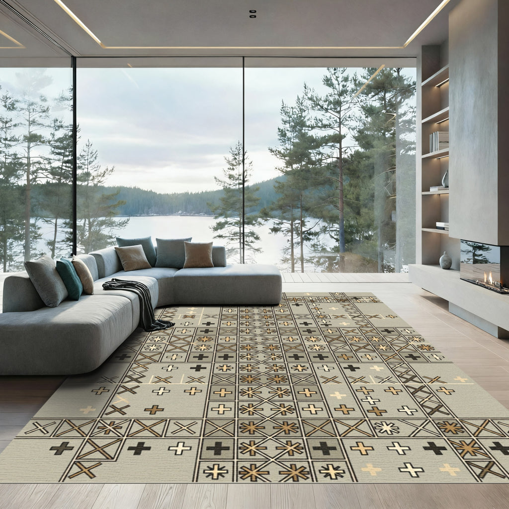 Geometric Tan Lattice Star Rug
