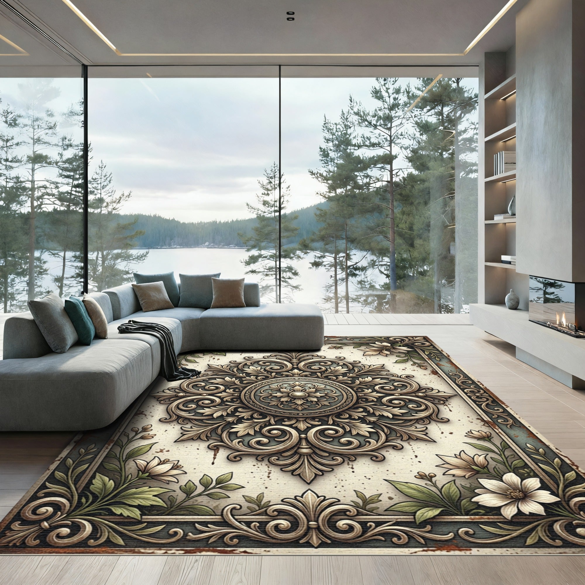 Cream Floral Damask Vintage Medallion Rug