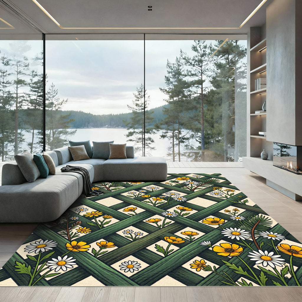 Lush Green Lattice with Daisy Wildflowers Rug