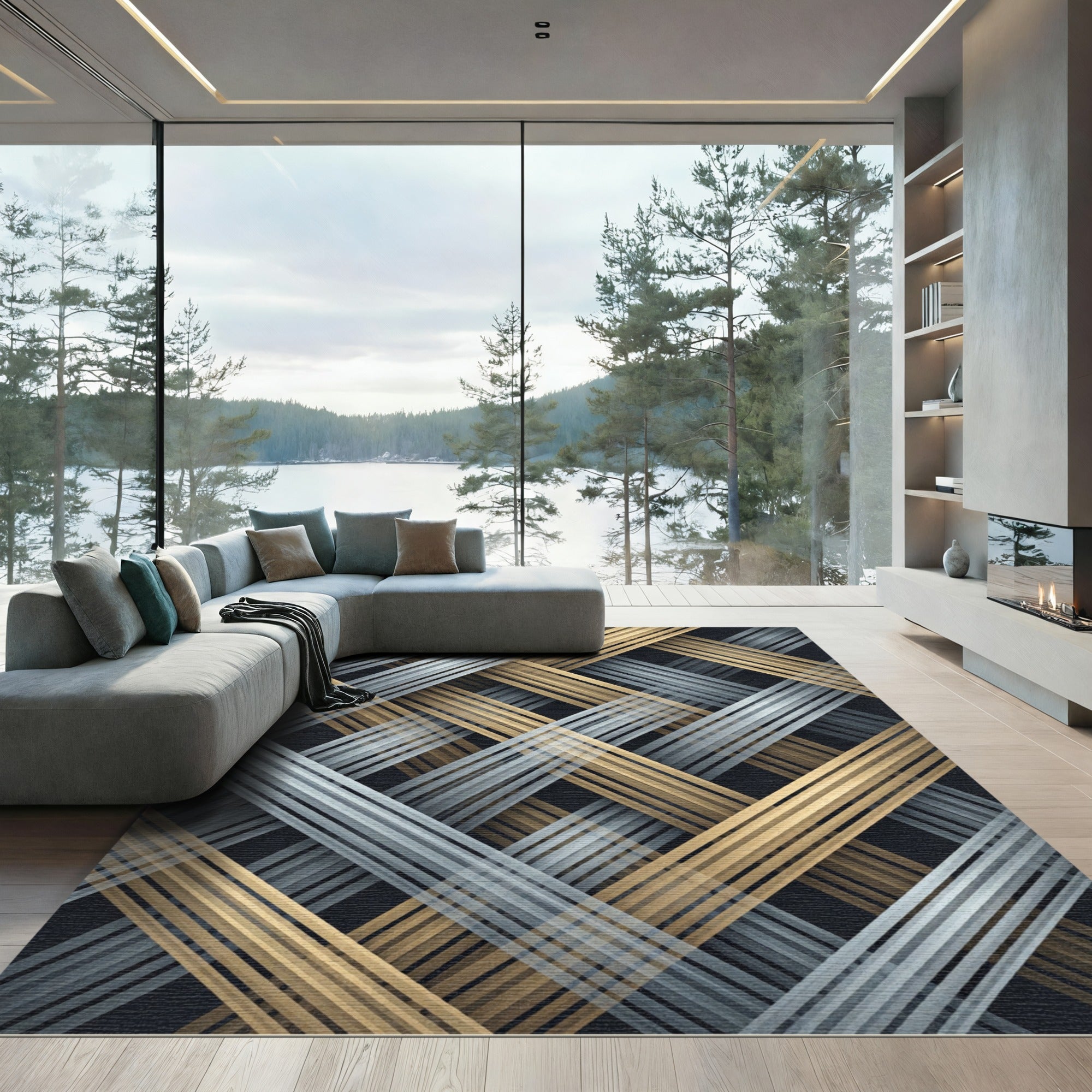 Interwoven Metallic Gold and Silver Diagonal Strips Rug