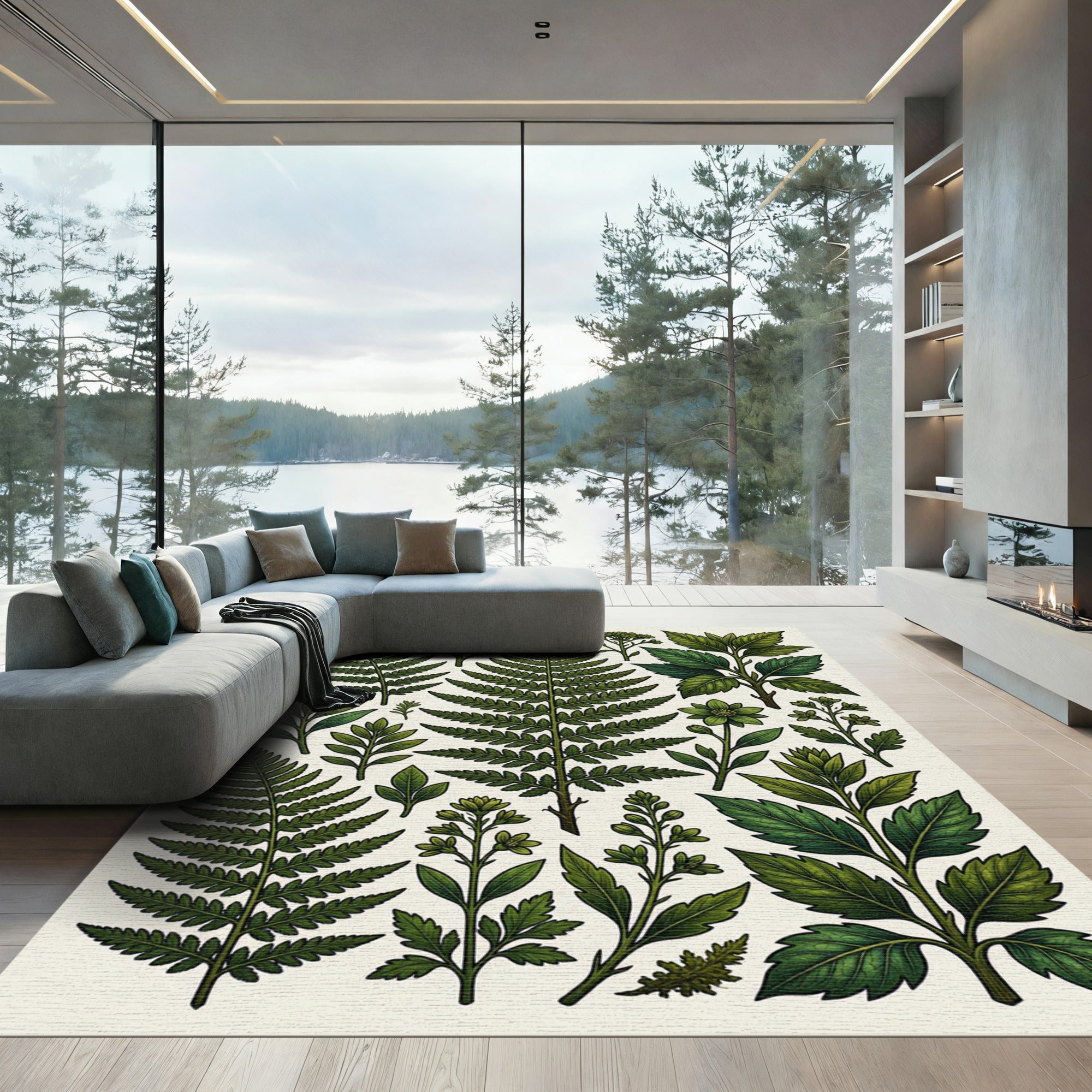 Lush Green Botanical Forest Ferns Rug
