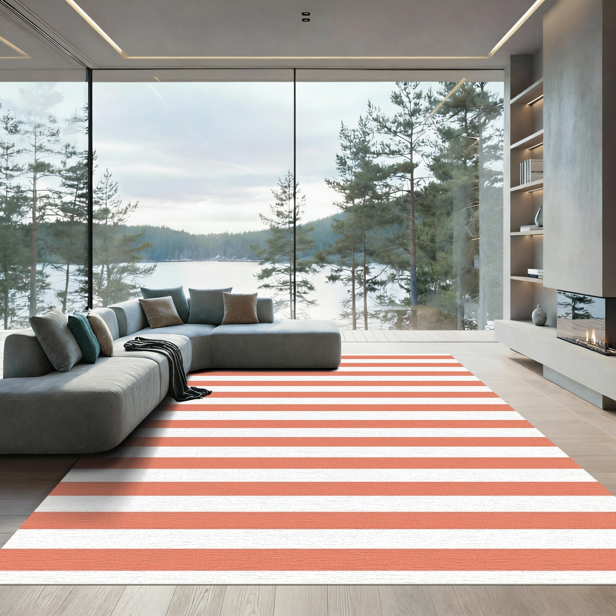 Coral White Stripe Rug