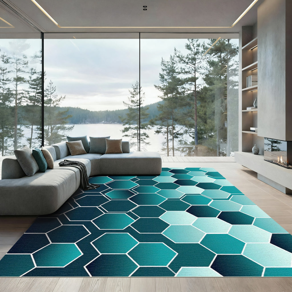 Teal Gradient Hexagon Compositions Rug