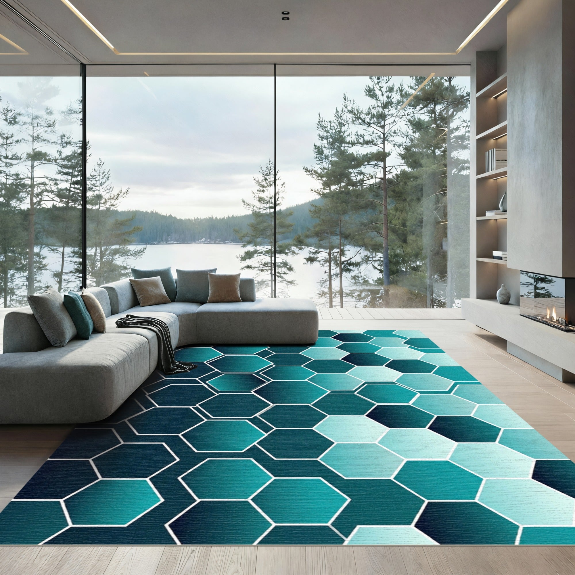 Teal Gradient Hexagon Compositions Rug