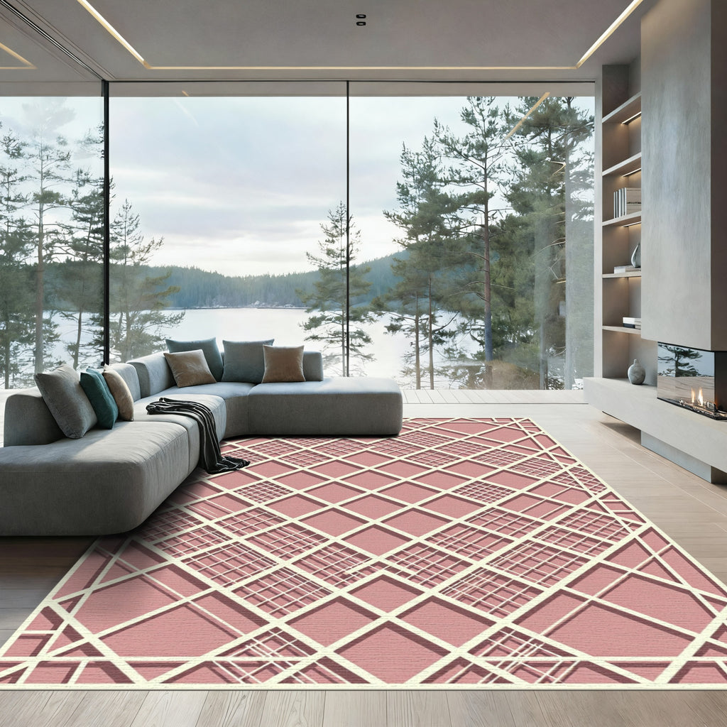 Modern Blush Lattice Geometric Grid Rug