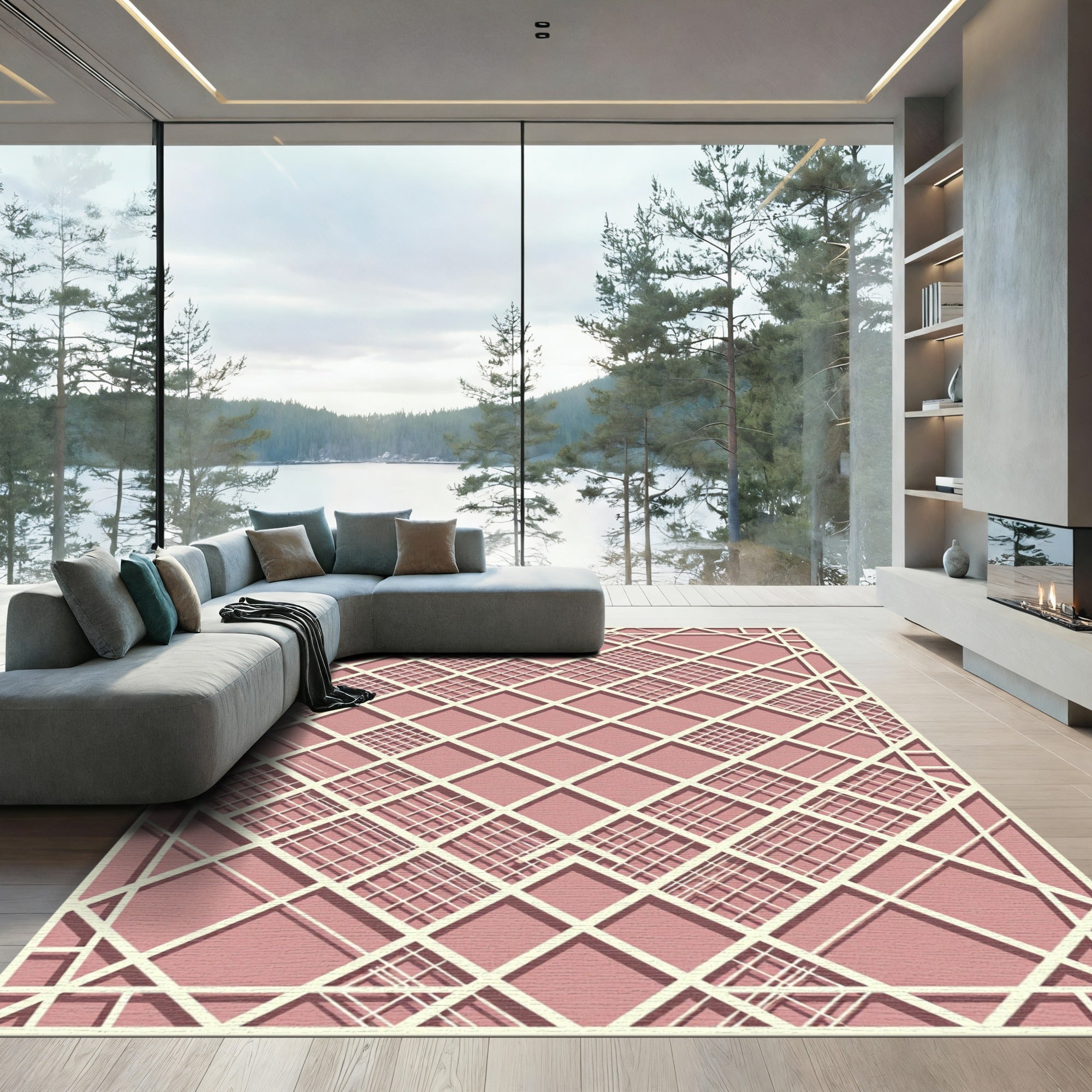Modern Blush Lattice Geometric Grid Rug