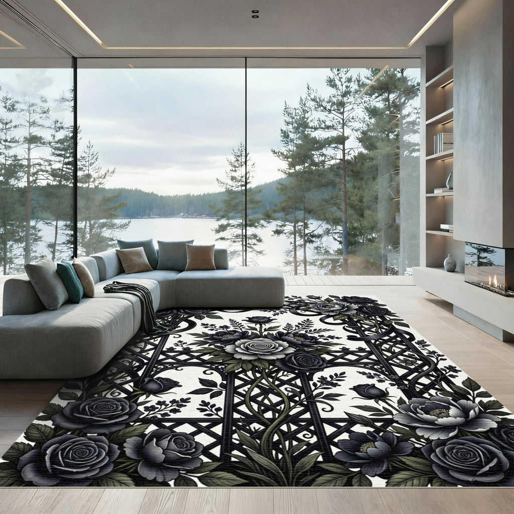 Gothic Black Rose Garden Lattice Rug