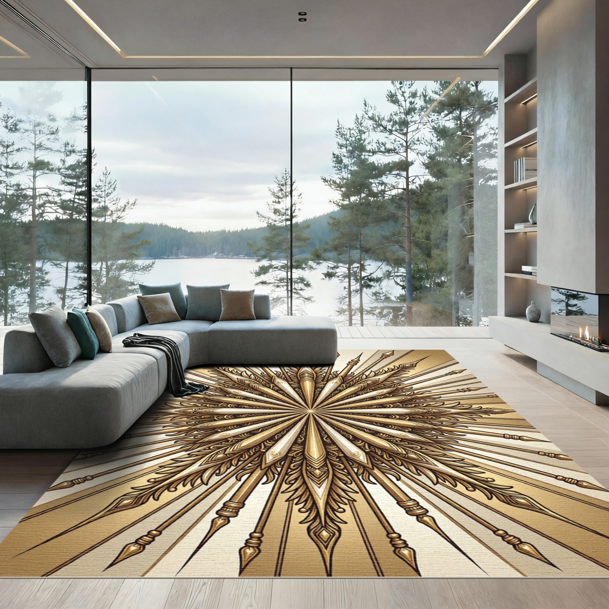 Golden Sunburst Spear Medallion Rug