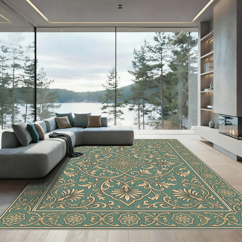 Elegant Sage Floral Scroll Medallion Rug