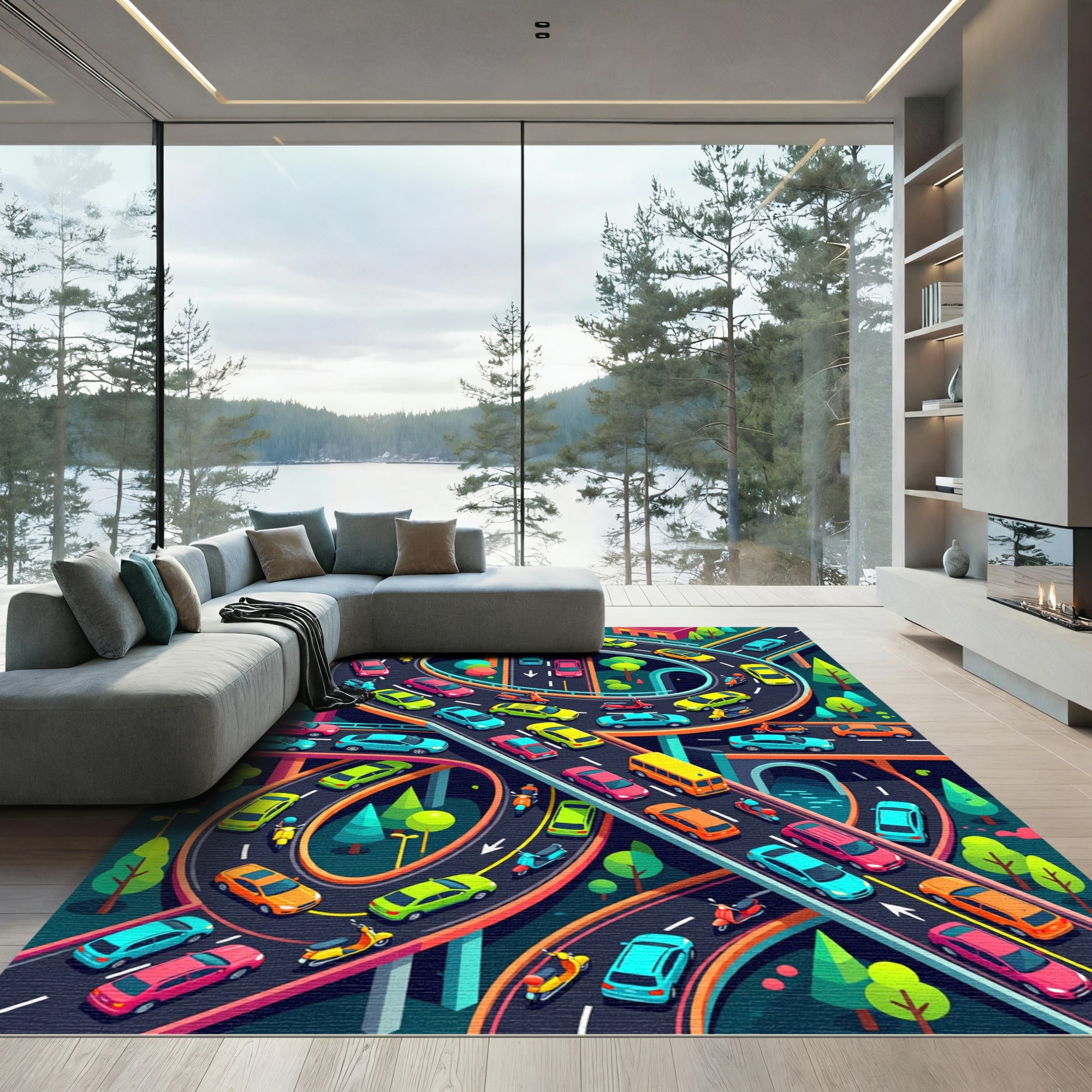 Vibrant Isometric City Traffic Interchange Rug
