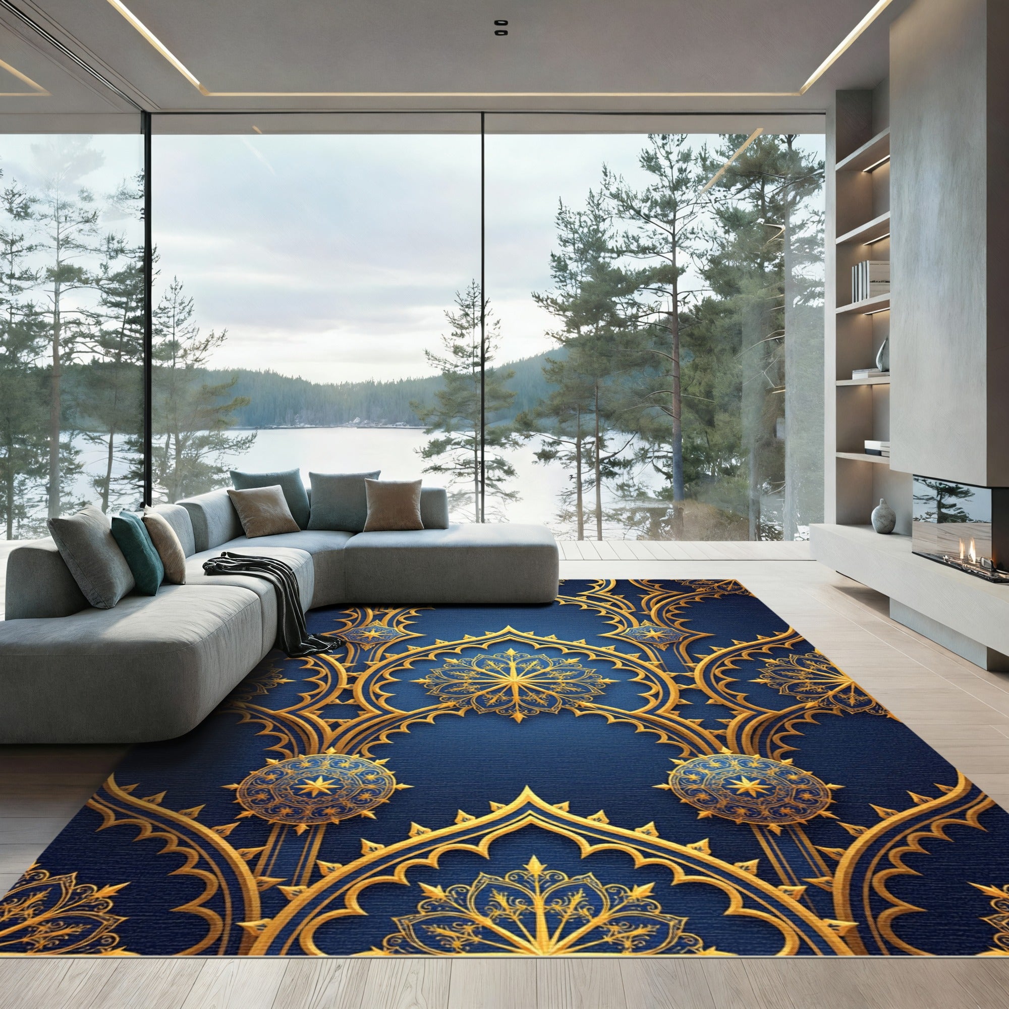 Royal Blue Golden Filigree Arch Rug